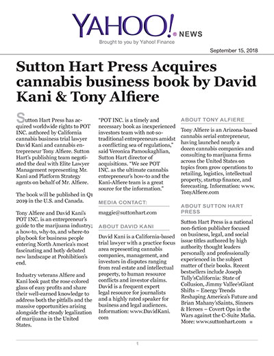 Sutton Hart Press Acquires cannabis business book by David Kani & Tony Alfiere